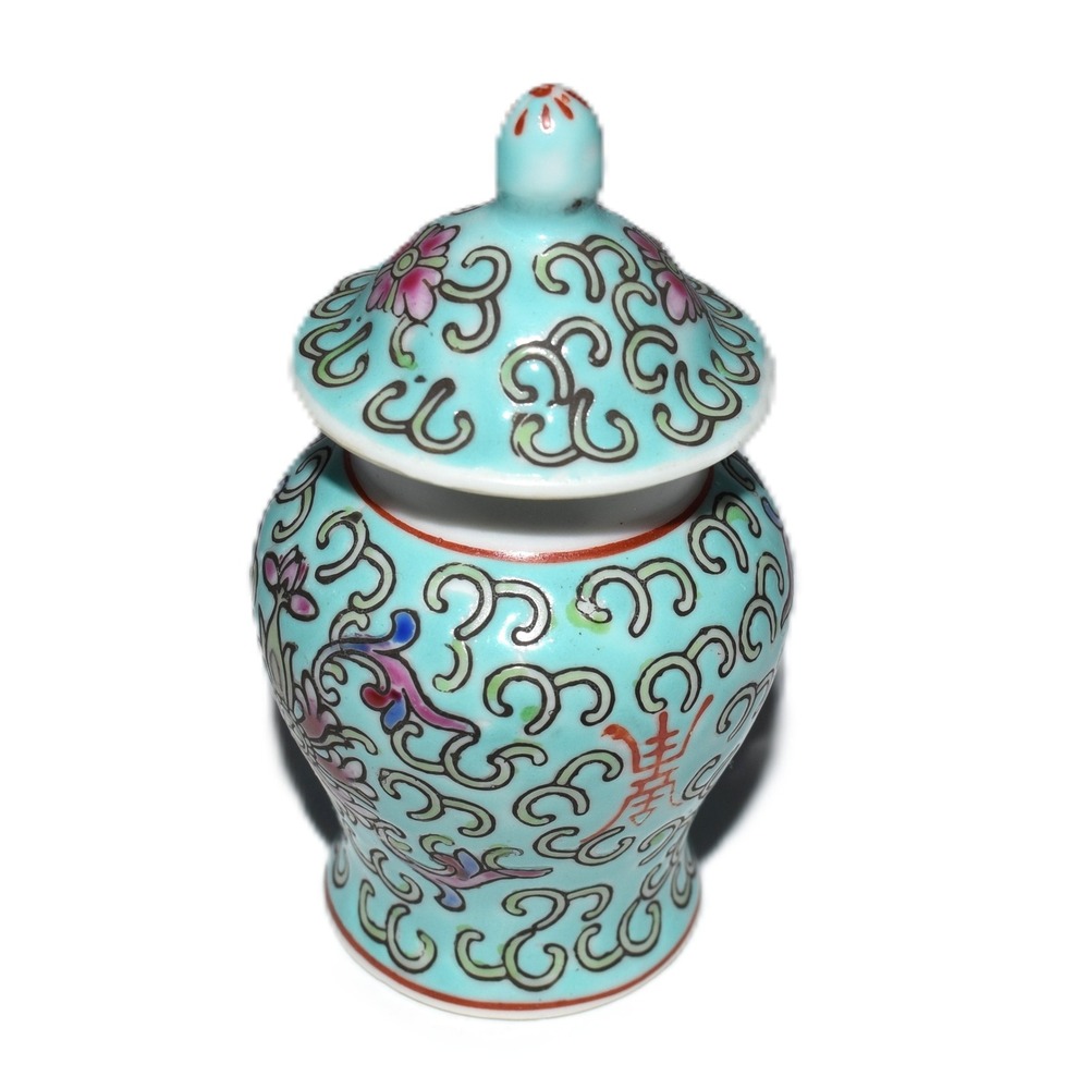 Jingdezhen Ginger Jar Mini Turquoise Famille Rose 3in Excellent Hand Painted